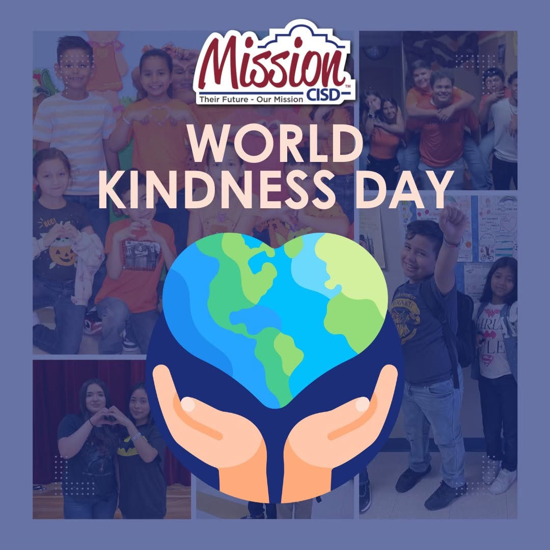 World Kindness Day graphic featuring a photo collage of smiling students surrounding a heart-shaped globe illustration.